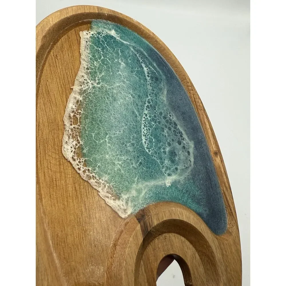 Handmade Round Wood & Resin Ocean Wave Serving Tray 9” Glossy Brown